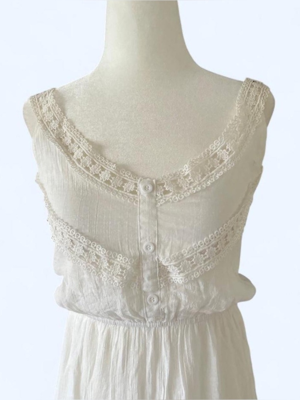 White Maxi Dress Button Front Crochet Boho Country Coastal Cottagecore Size M - Picture 5 of 14